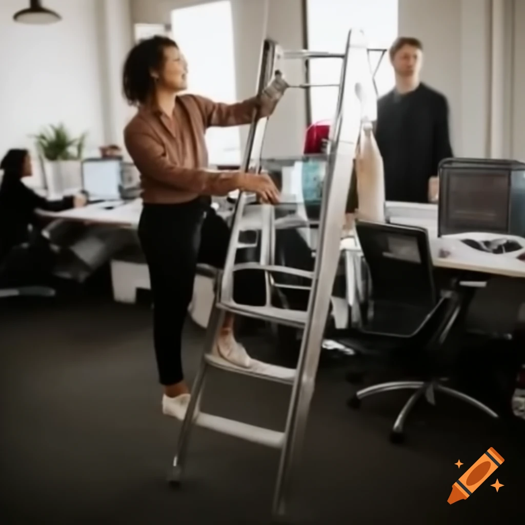HR consultant holding ladder in office meeting, inspiring teamwork and collaboration