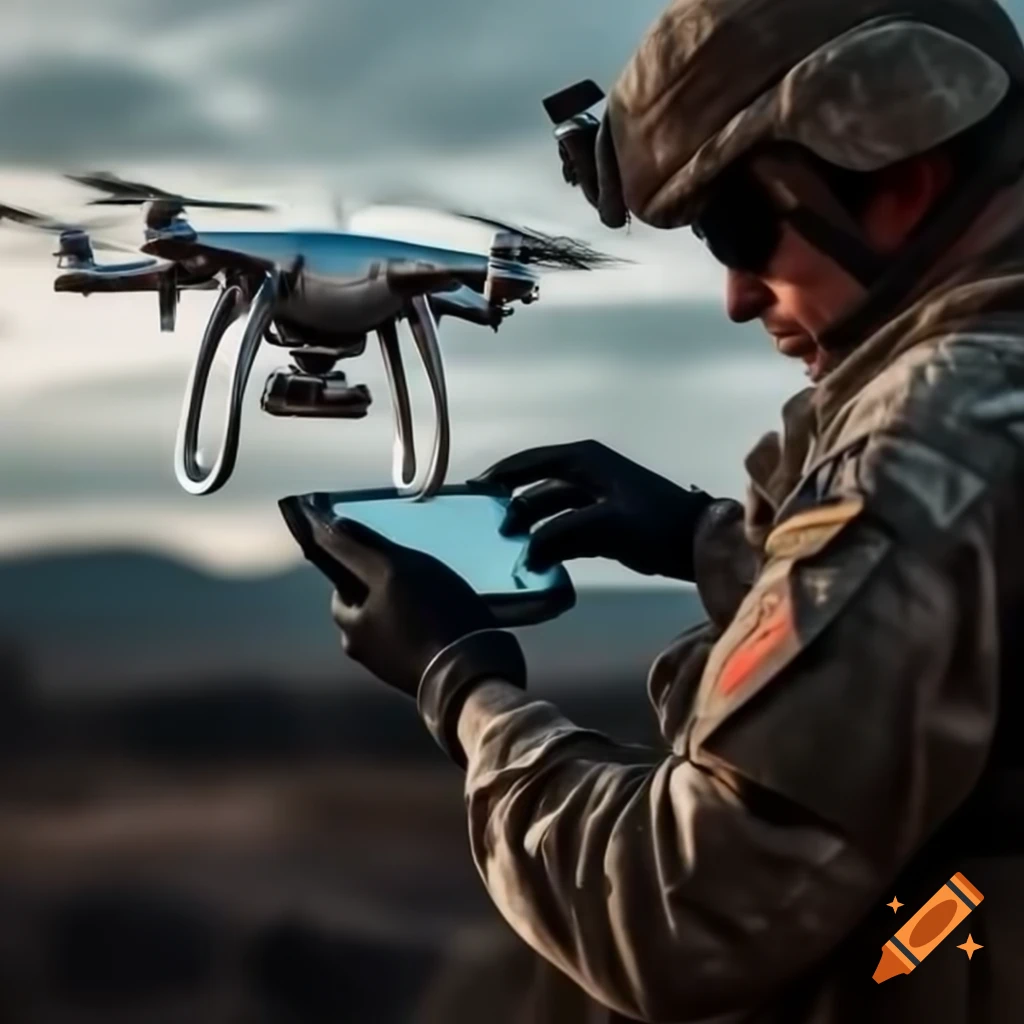 Soldier controlling a chrome-plated drone