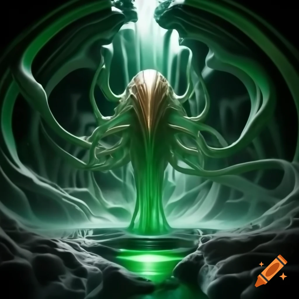 Biomechanical sculpture in electric green glass creating surreal shadows