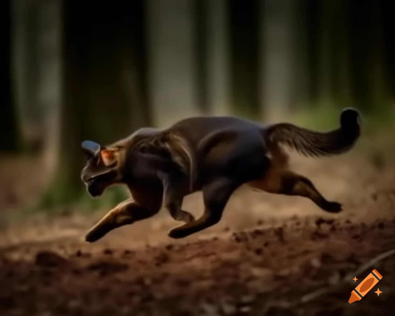 Dark brown cat with lighter spangles stalking through dimly lit oak forest
