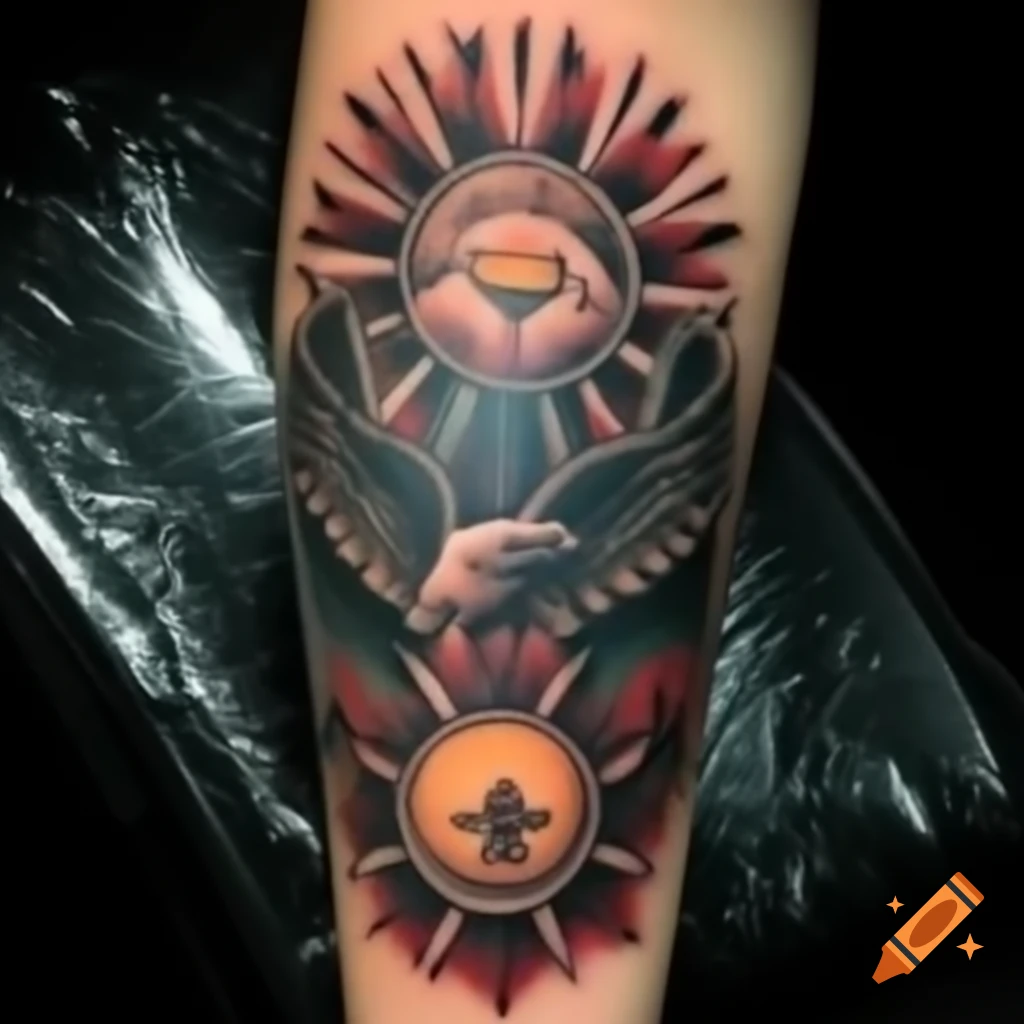 Tattoo design featuring three stars, sun, and eagle