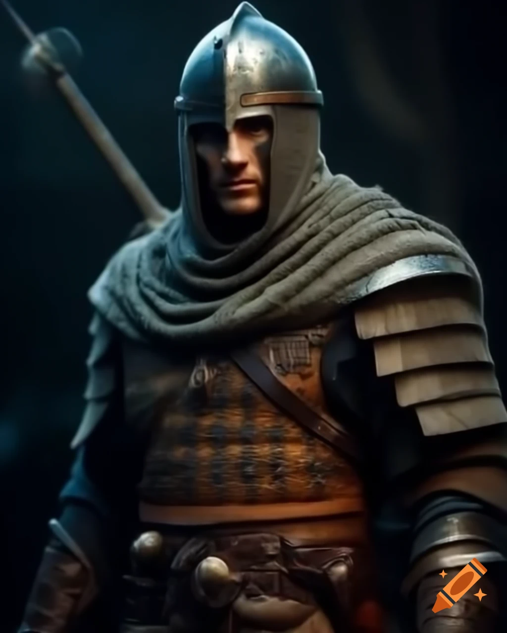 Male fantasy warrior in chainmail hauberk and helmet standing