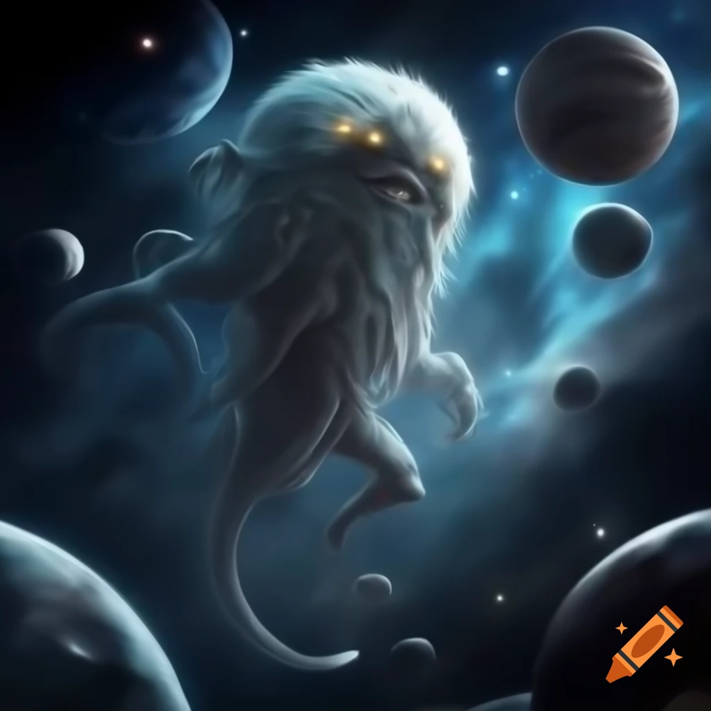 Giant godlike creature floating in space