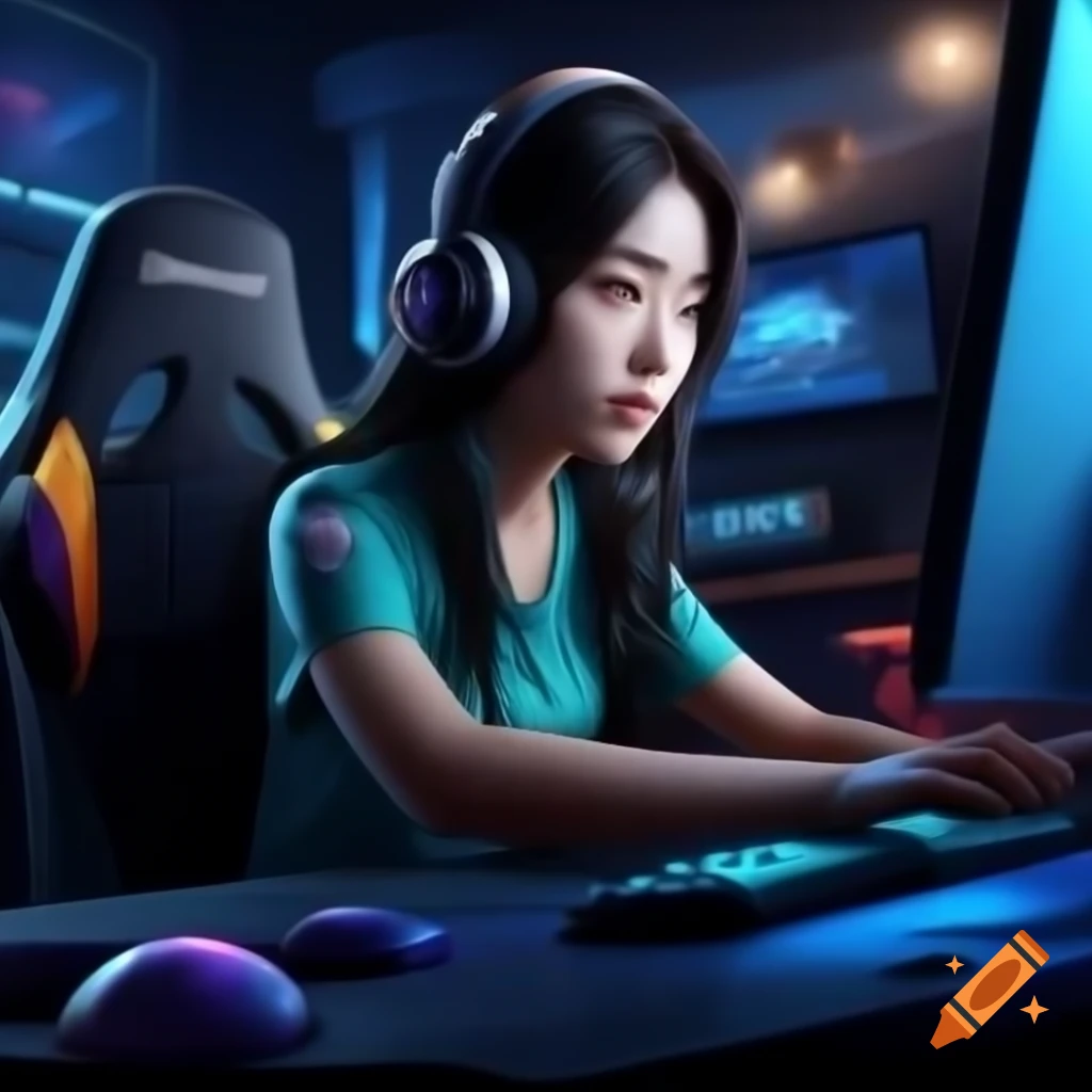 Korean gamer intensely focused fingers on keyboard with high tech