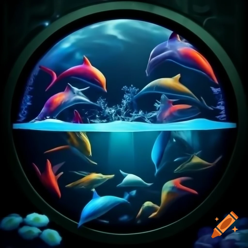 Synthwave style dolphins in vibrant colors