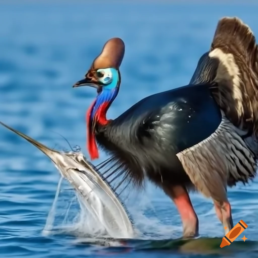 Cassowary and marlin in a dramatic confrontation