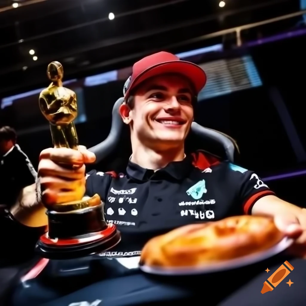 F1 driver Oscar Piastri receiving an award while holding a pastry