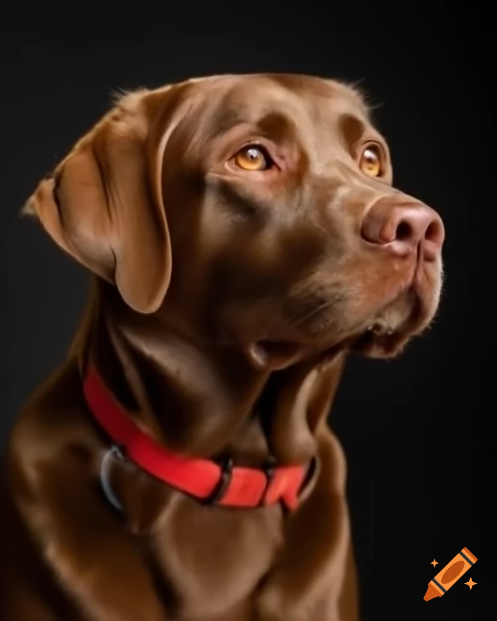 Portrait of a brown Labrador with red collar and beautiful eyes