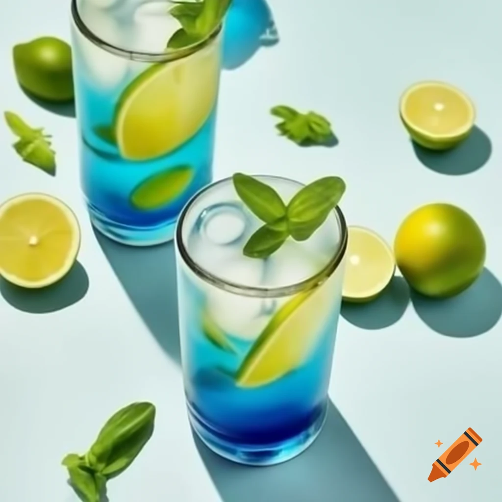 Mocktail with yuzu syrup, blue syrup, lime juice, soda water, and mint garnish