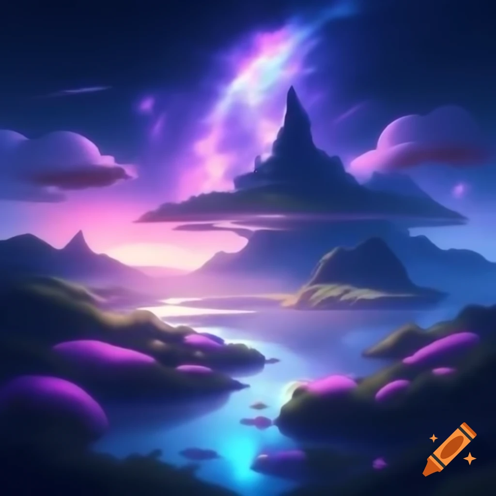 Dreamlike floating island with bioluminescent plants and glowing rivers in the sky