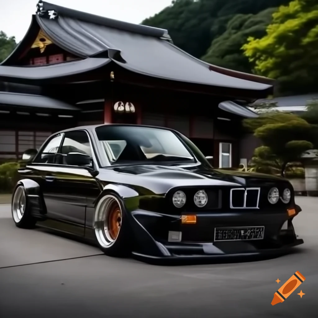 BMW E30 with widebody kit and aggressive stance parked in Kanazawa, Japan