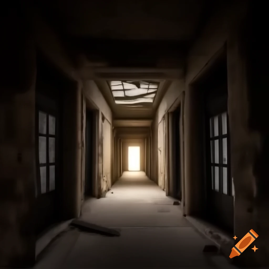 Torch lit hallway in crumbling stone building with locked doors