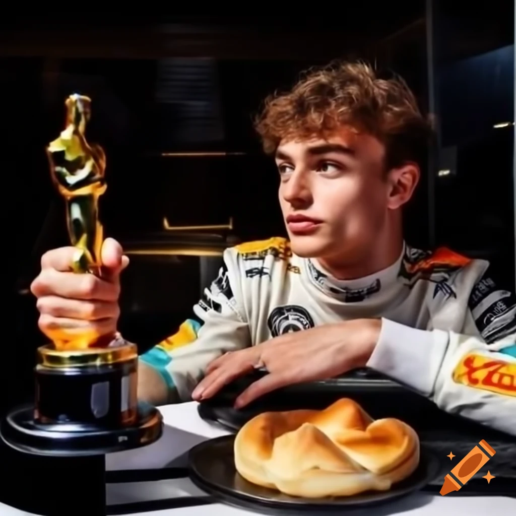F1 driver Oscar Piastri receiving an award while holding a pastry