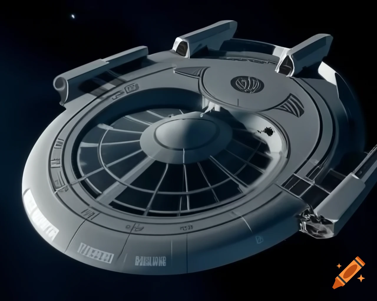 Starship design in dome shape with black and silver finish and multiple windows