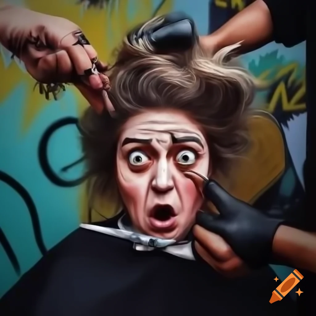 Graffiti hairstylist with scissors and wild expression about to cut client's hair