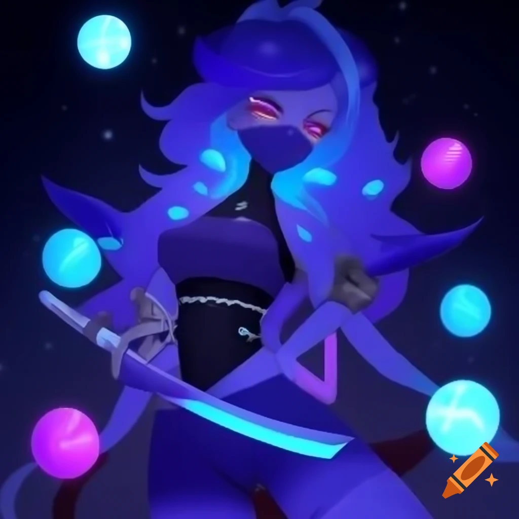 Mystical futuristic design with faceless anime girl holding katana against starry sky