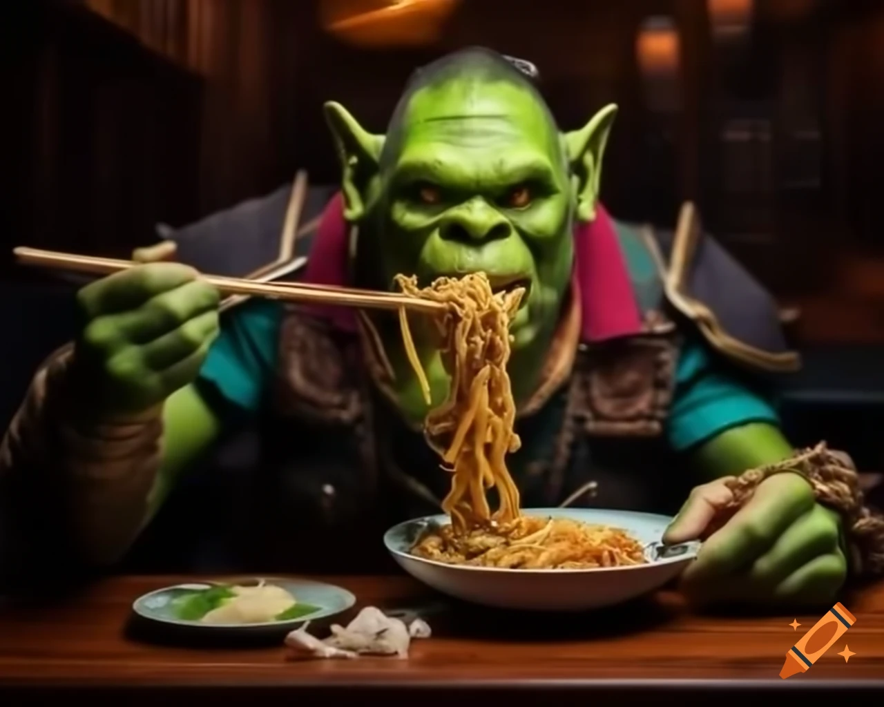 Ogre from Warcraft enjoying instant ramen on a street, candid shot