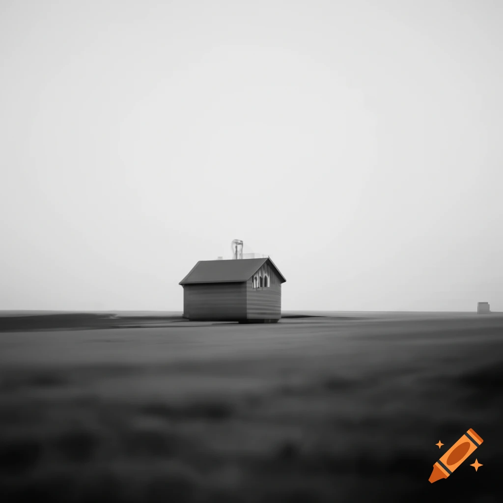 Lonely tiny house in black and white on a field with white background