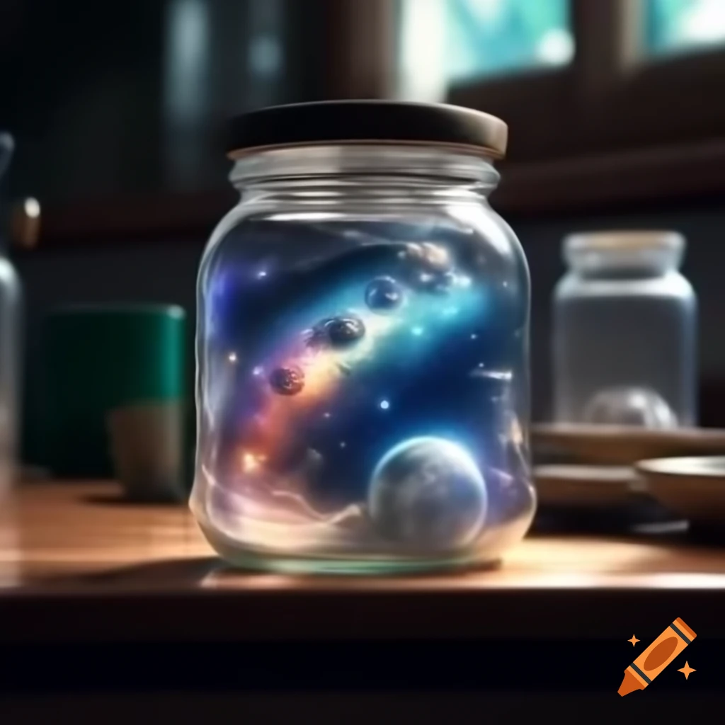 Jar containing galaxy labeled 'galaxy-101: earth' on a table
