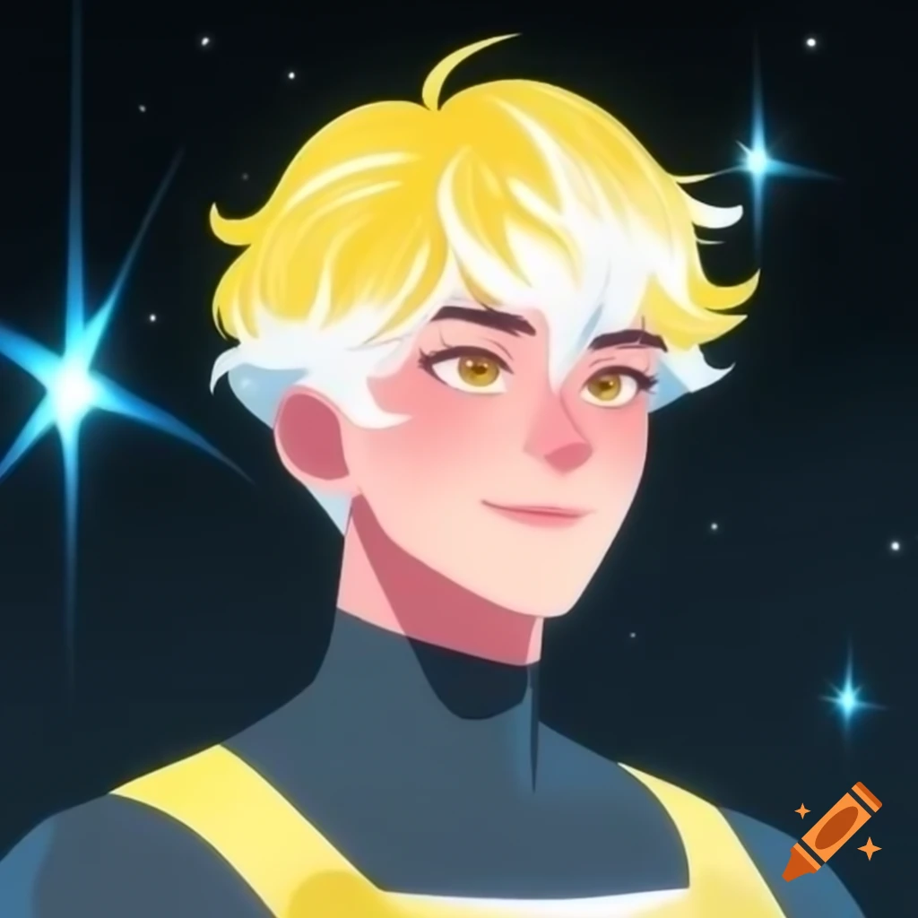 Handsome male with wavy pastel yellow and white hair in hero suit with stars background