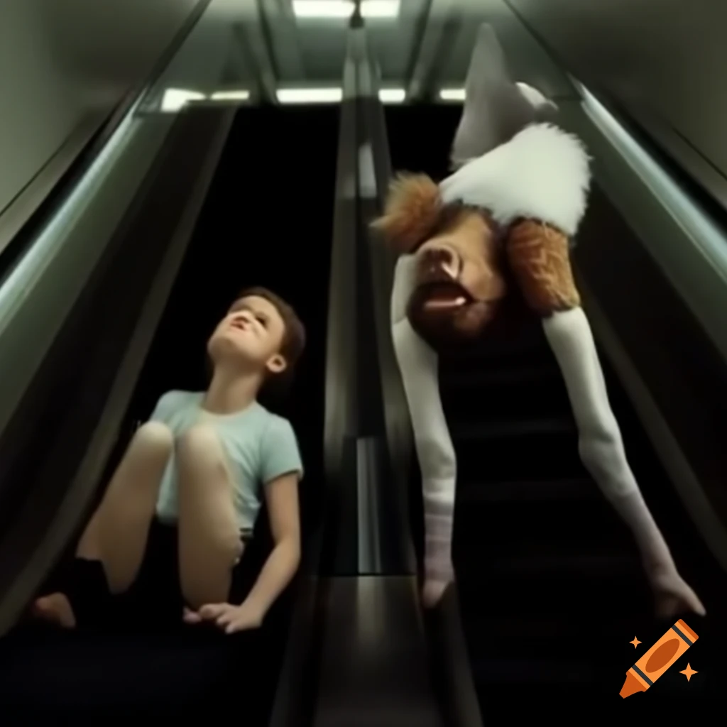 Two people tumbling down escalator in humorous prank mishap