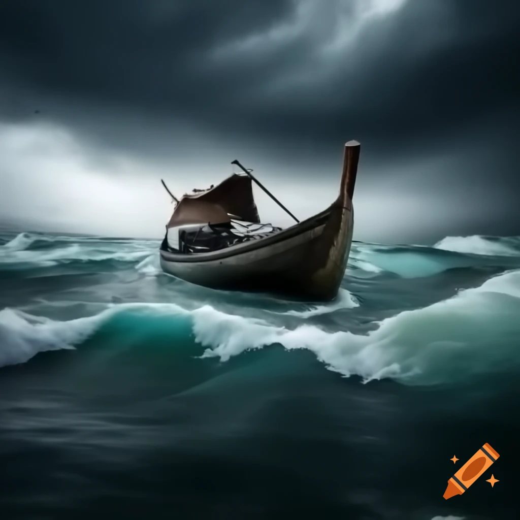 Traditional boat navigating stormy seas