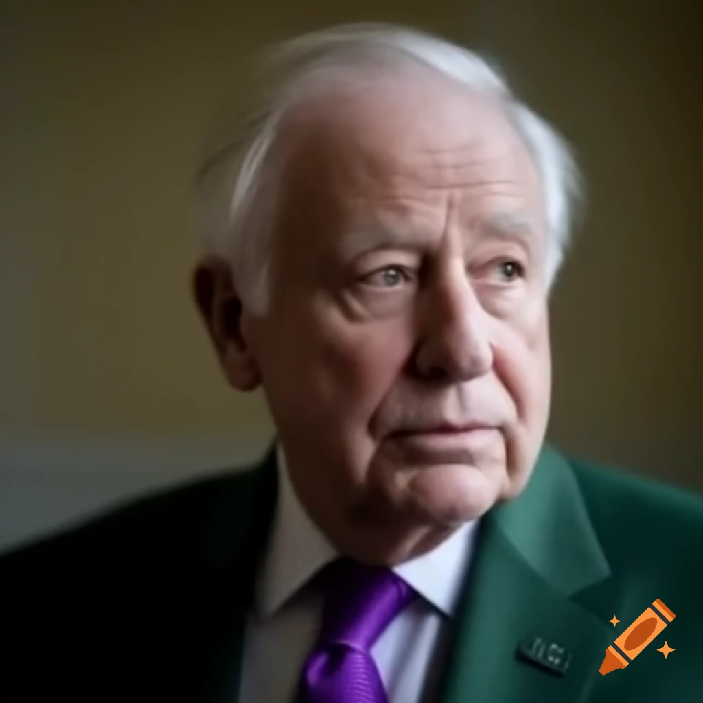 Serious politician in dark green suit and purple tie