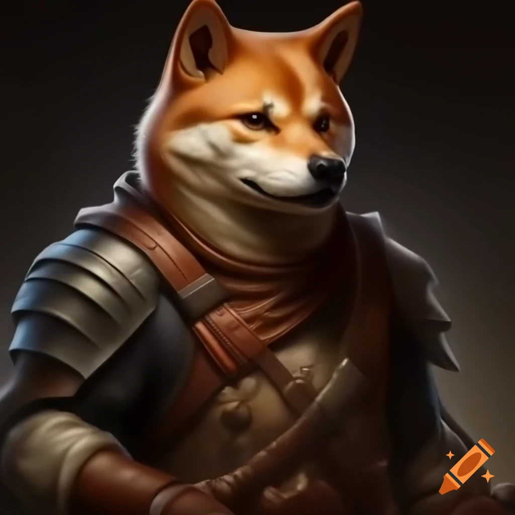 Anthropomorphic shiba as a mercenary in leather and mail armor