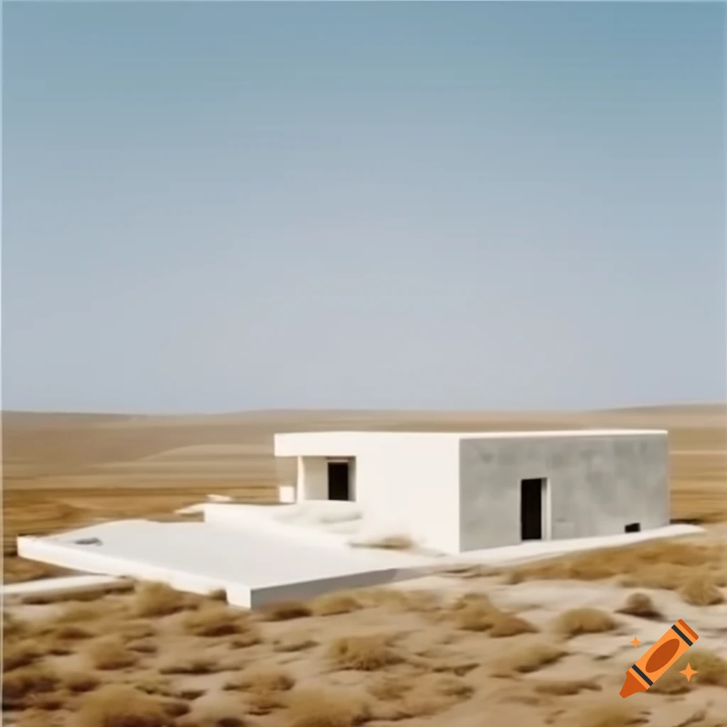 Flat-roofed Greek stone cabin in desolate landscape with sparse vegetation