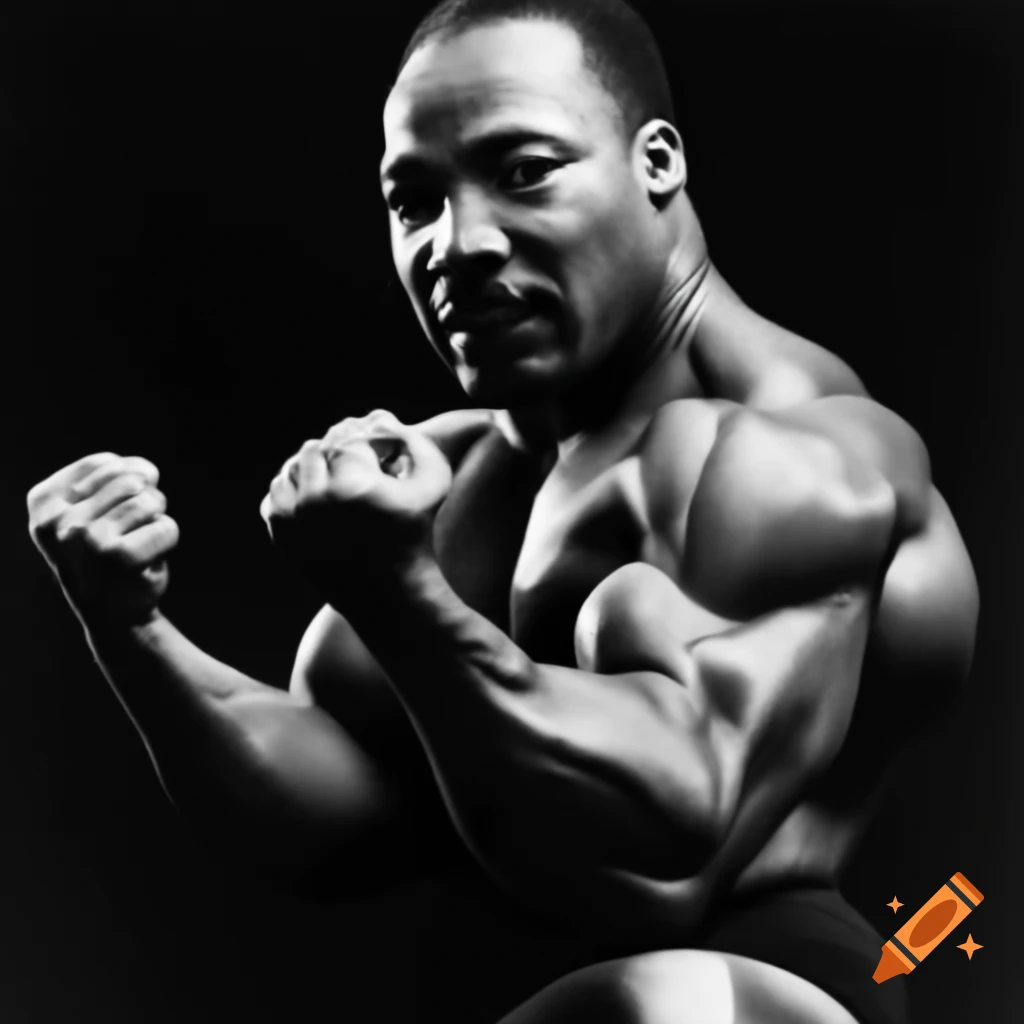 Stylized depiction of Martin Luther King with exaggerated muscular physique