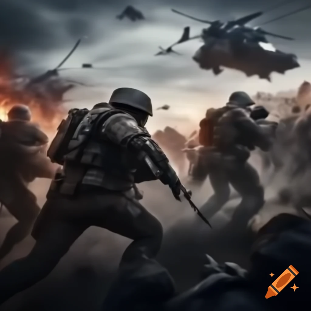 Soldiers engaged in futuristic battle scene