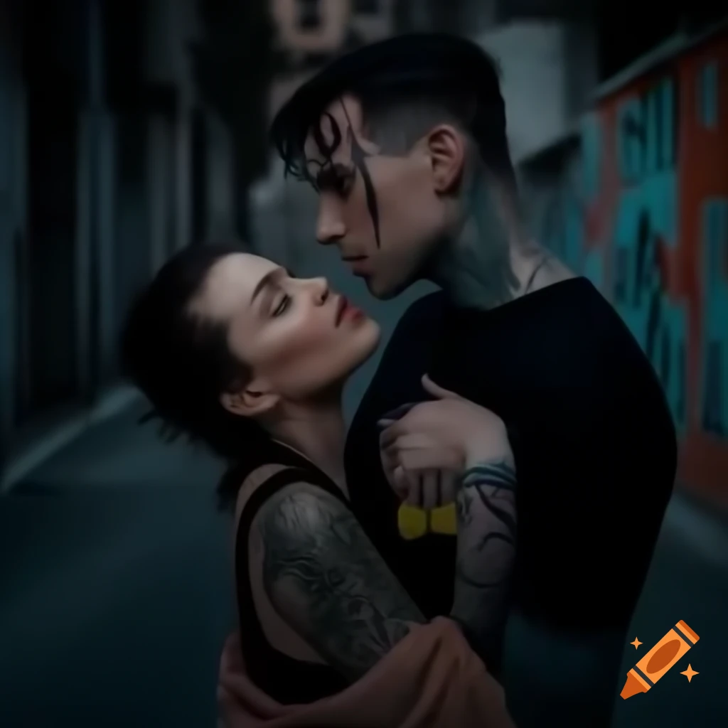 Couple from a secret organization with dark hair and intricate tattoos in dim light