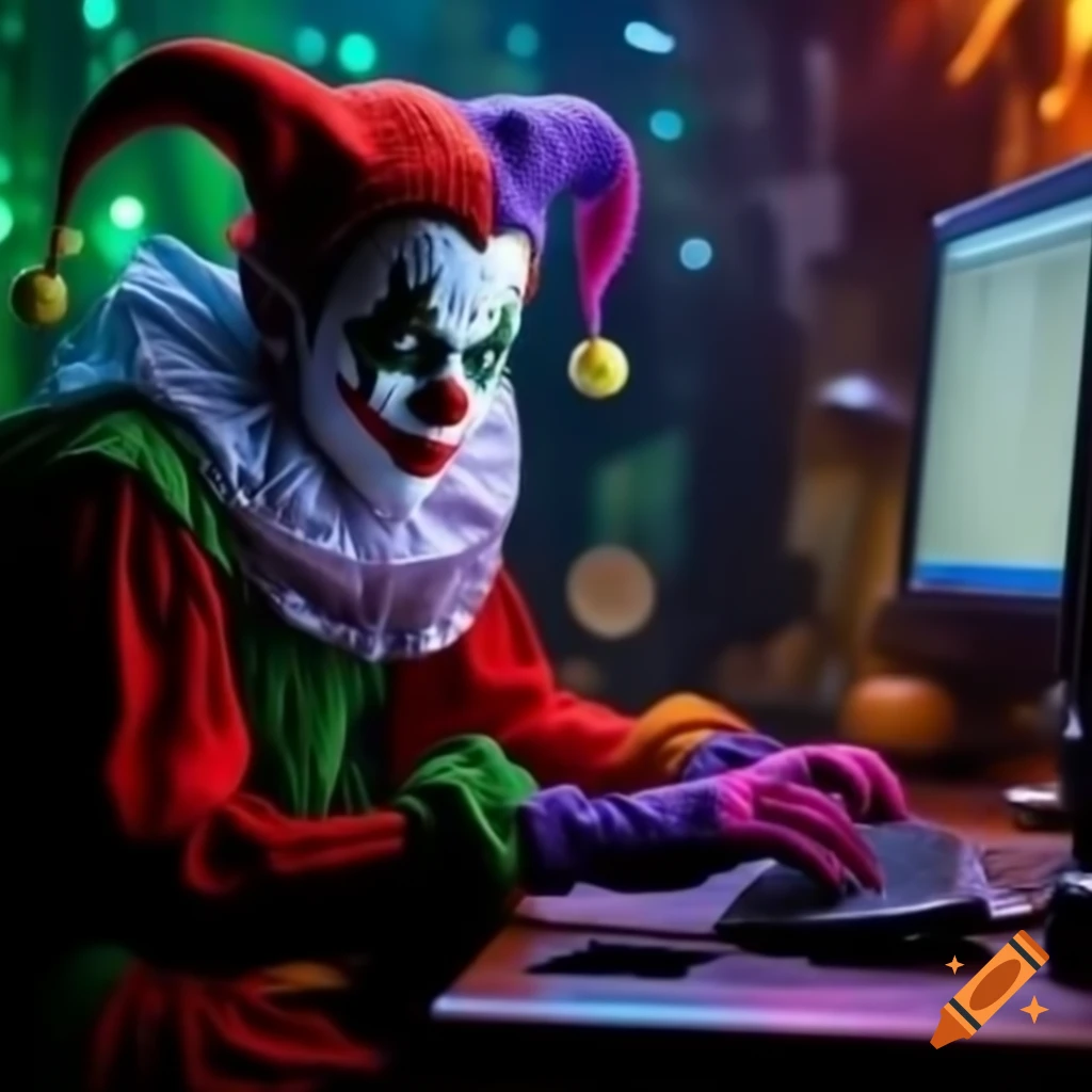 Jester using a computer, blending humor and technology