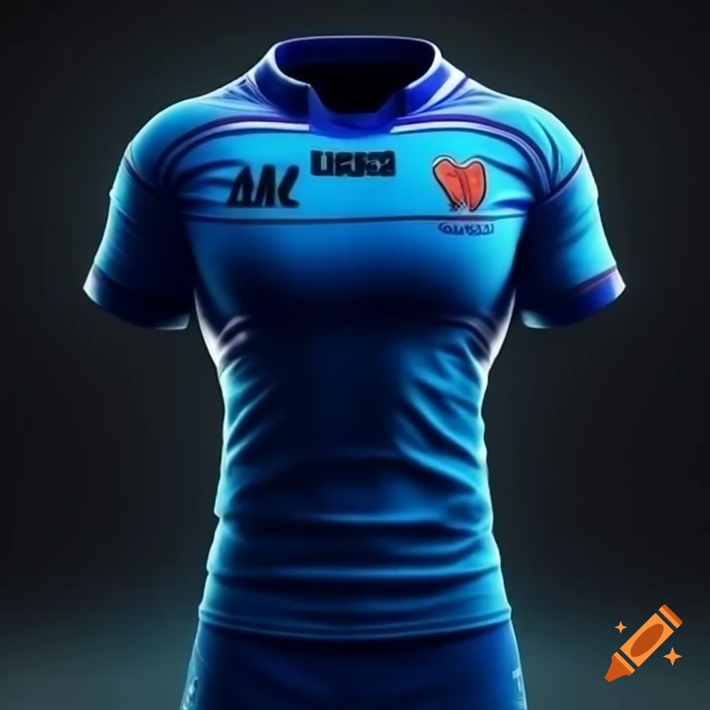 Striking rugby jersey design in vibrant azure blues with circular neck-opening