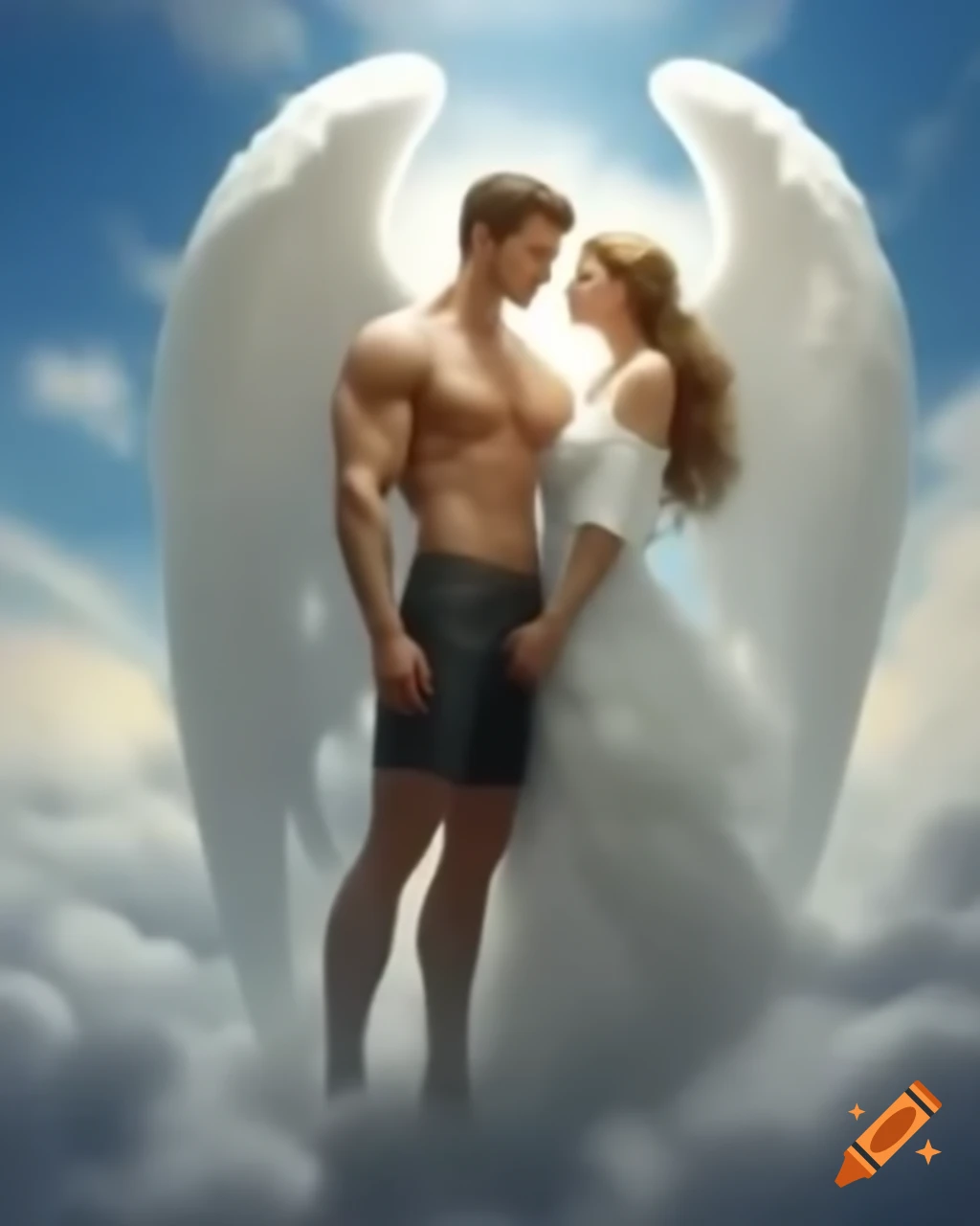 Muscular angel and human boyfriend in heavenly cloud setting