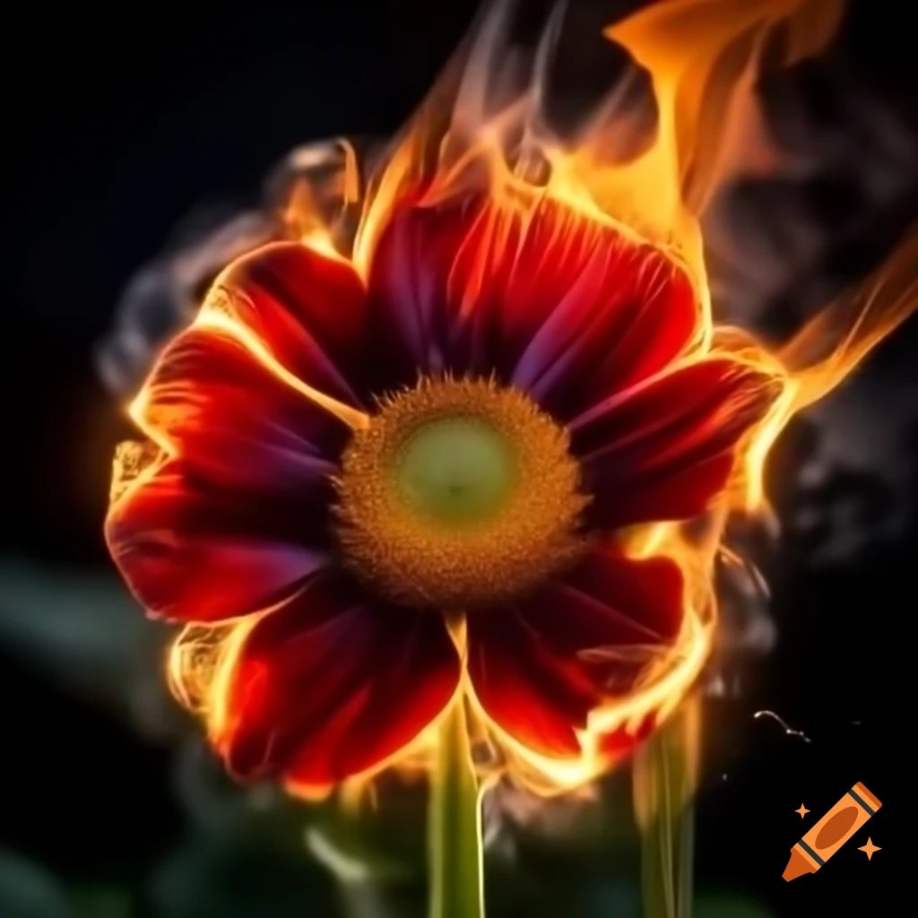 Realistic logo featuring a flower surrounded by reddish flames