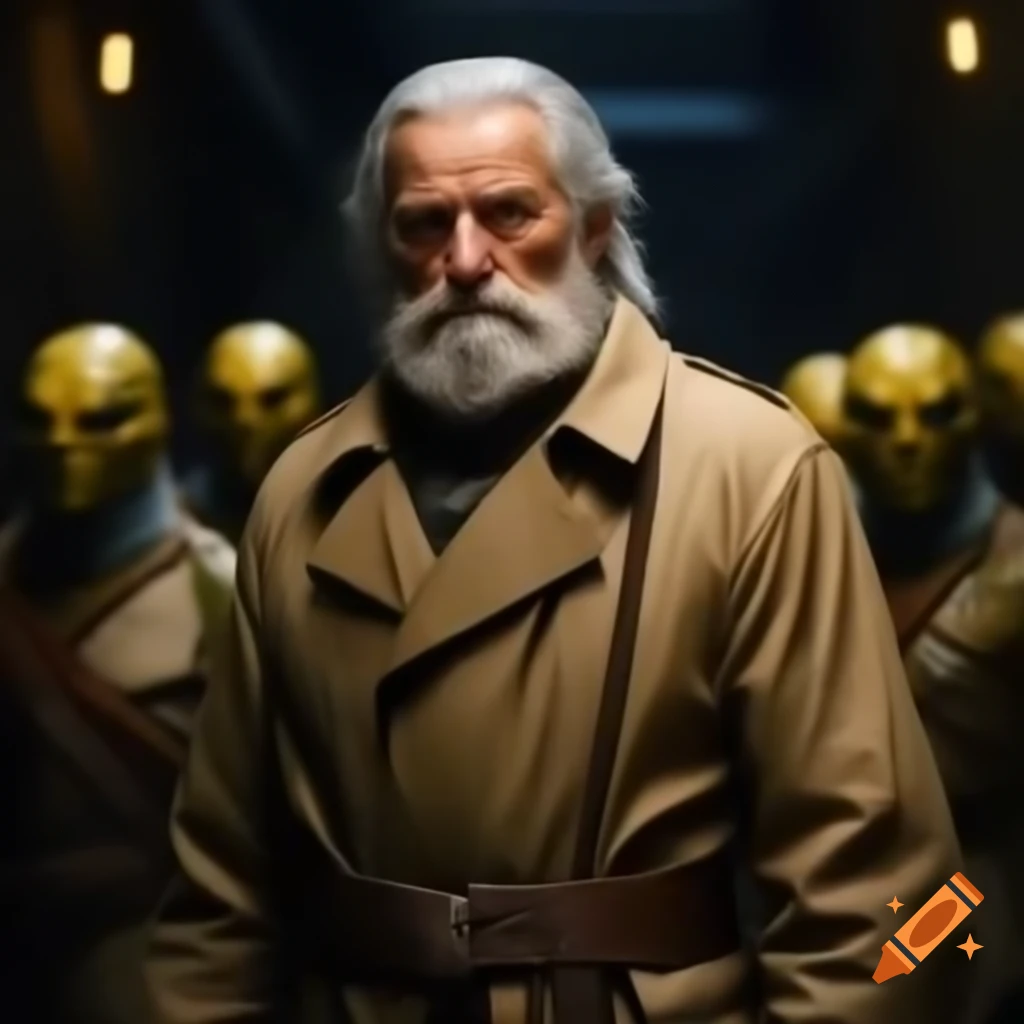 Old man in trench coat offering items in dark alley