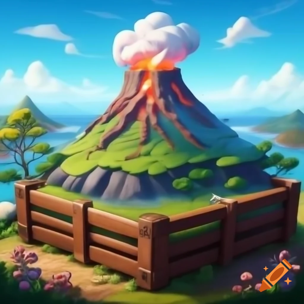 Volcano surrounded by flowers, trees, and island landscape