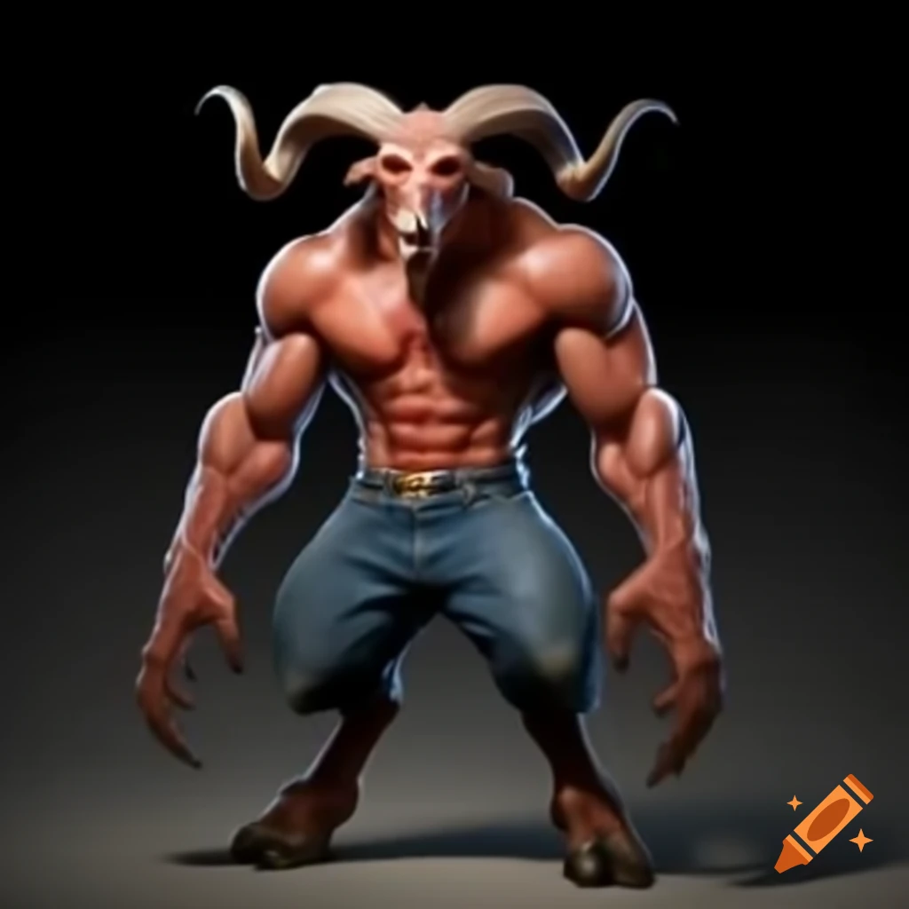 Realistic goat-headed demon with large horns standing in blue shorts