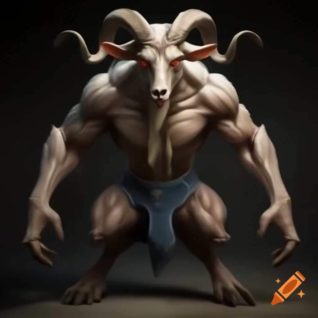 Realistic goat-headed demon with large horns and muscular build in blue shorts