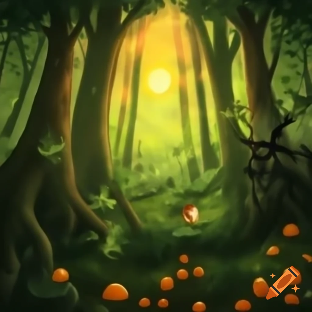 Enchanted forest at dawn with golden light filtering through trees
