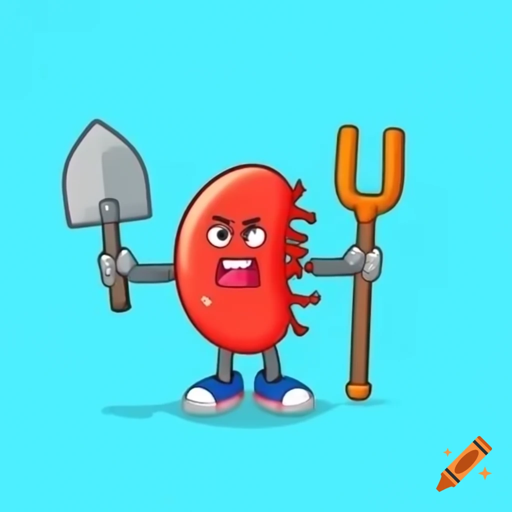 Cartoon bacteria character holding a shovel
