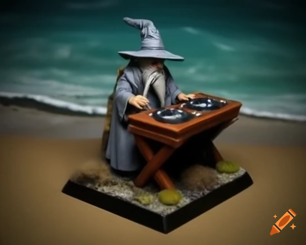 Miniature diorama of Gandalf as a DJ on a beach