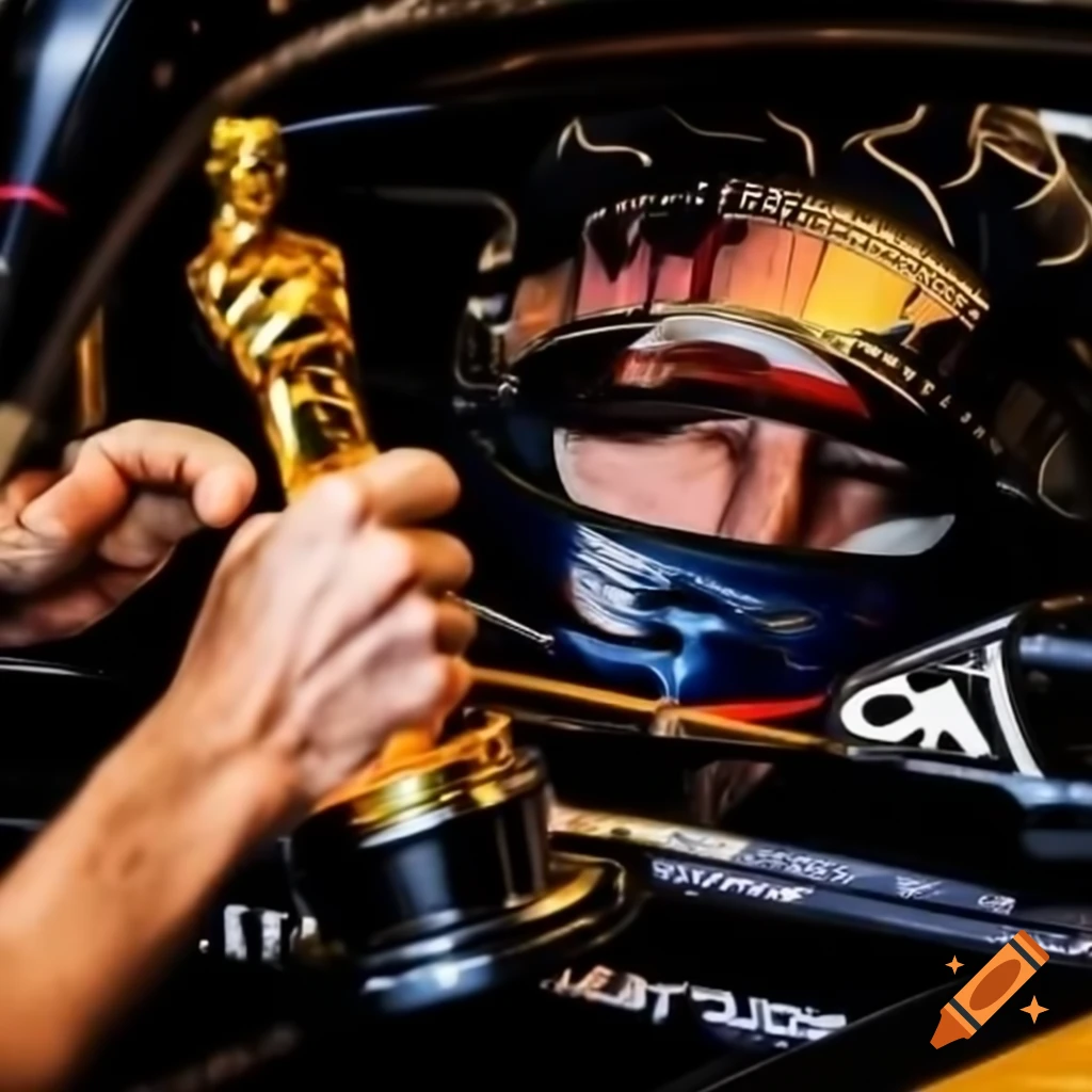F1 driver Oscar Piastri receiving an award while holding a pastry