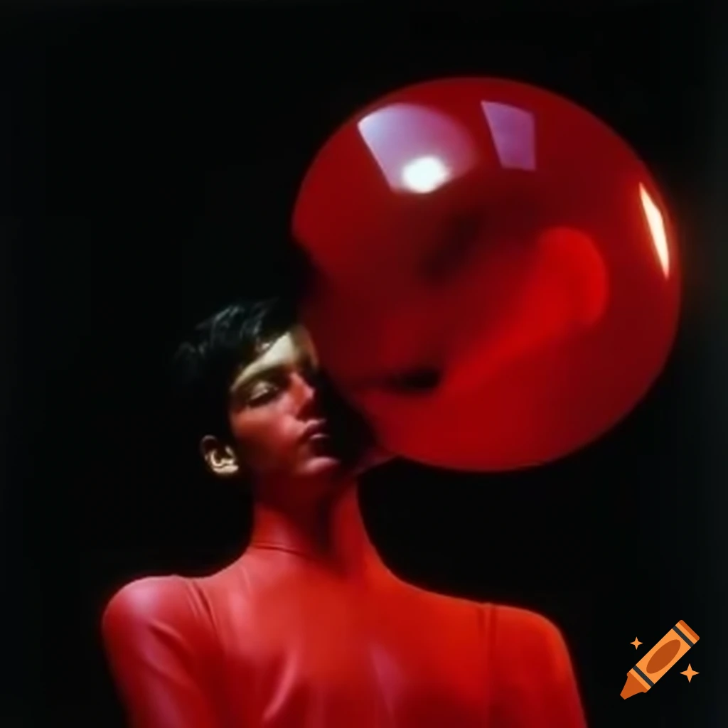 Pop surreal photography featuring a red glass statue