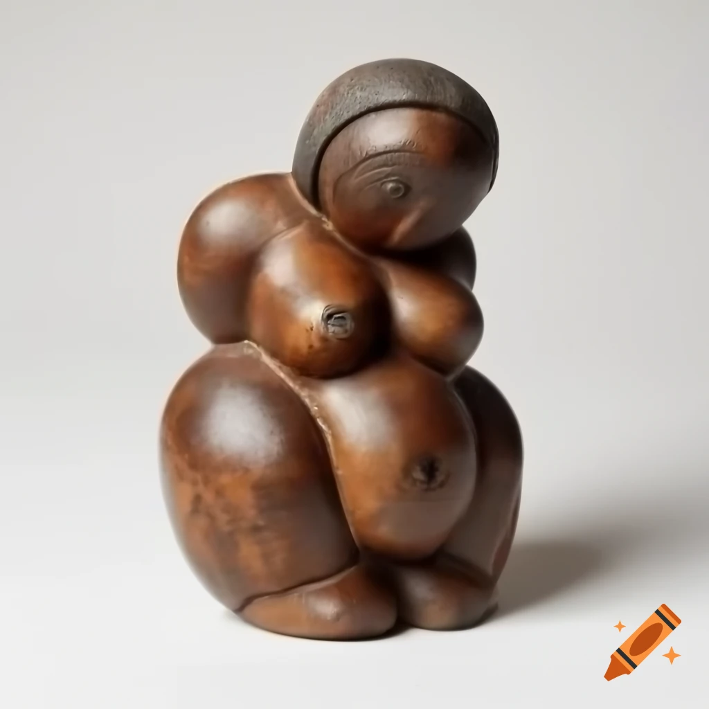 Cubist sculpture of female figure made from rough painted wood with engravings