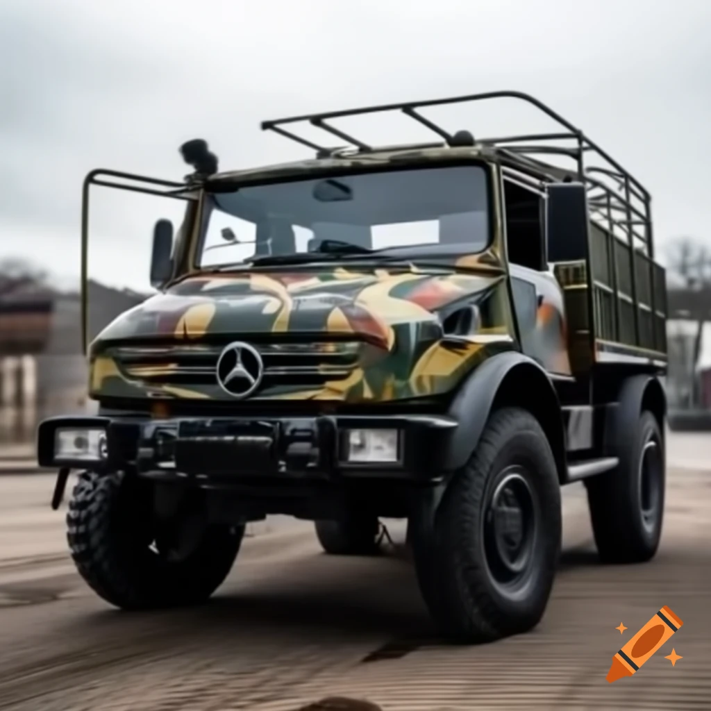 Mercedes-Benz Unimog U 1300 with roll cage and camo paint