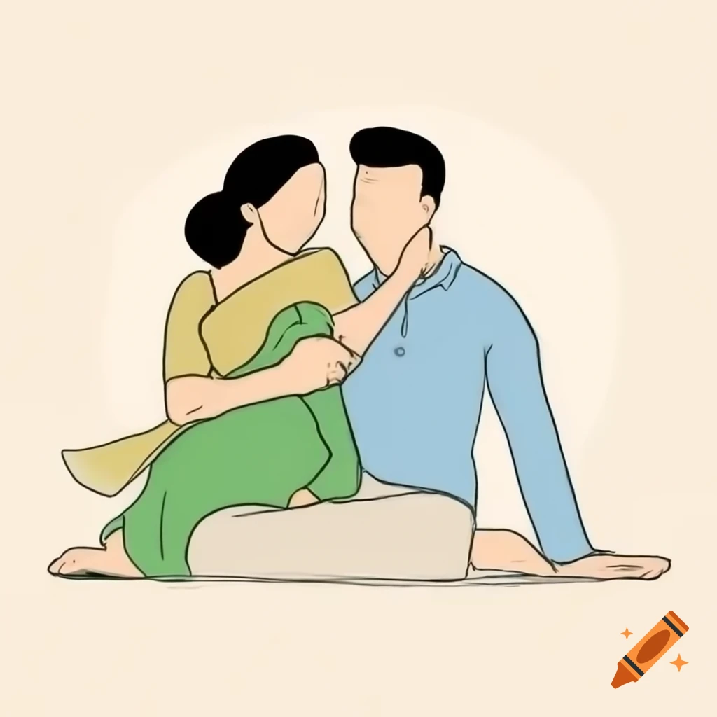 Minimalist sketch of couple embracing, woman in green sari and floral accessory, man in purple