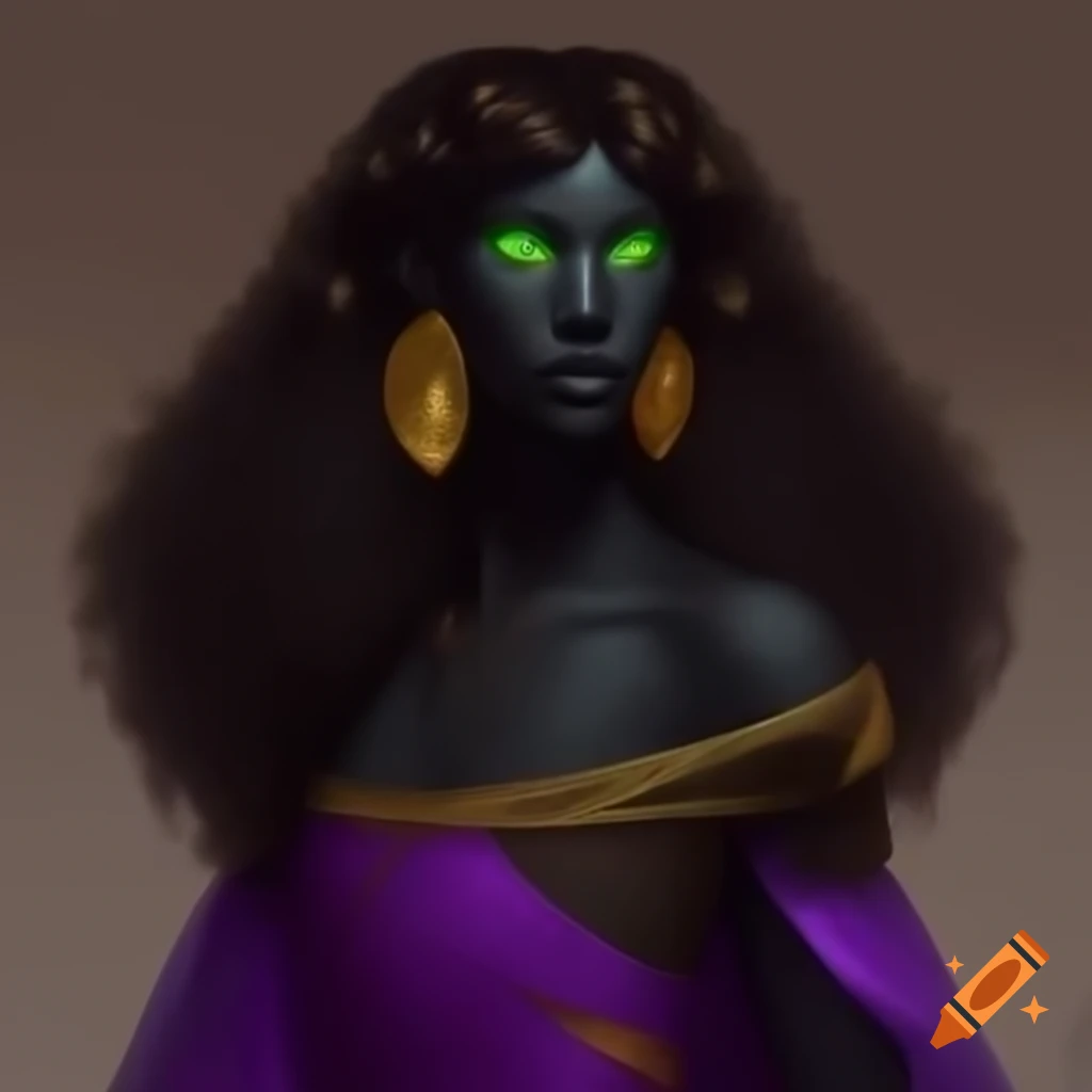 Humanoid black lioness in purple gown with gold trim and curly hair