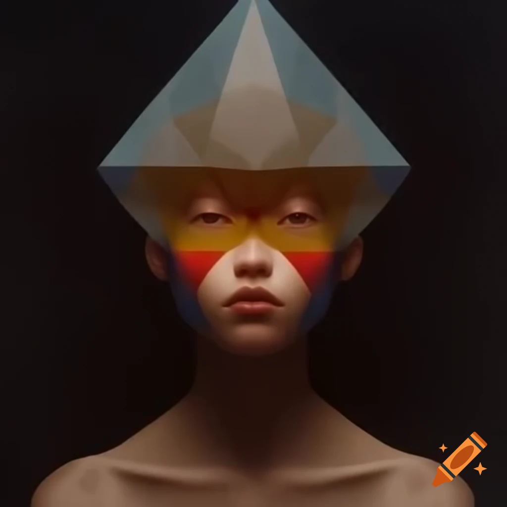 Surreal artwork of a human with geometric head and smooth forms against simple colors